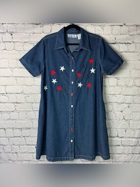 Vintage 90s Denim Button-Front Dress Embroidered Patriotic Red White Blue Stars